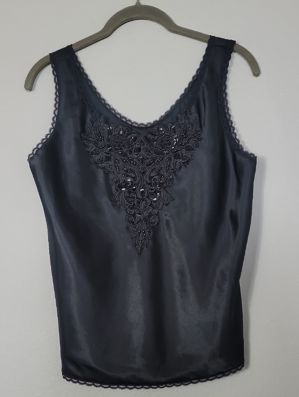 Vintage Satin Lace Camisole Size S Black Sequin Embroidered Whimsigoth Coquette